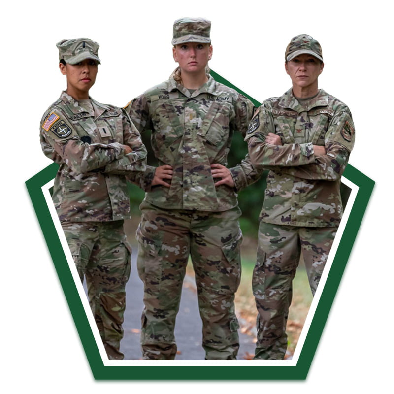 Three women soldiers in uniform standing together