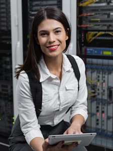 White woman in a tech server room holding a tablet and smiling